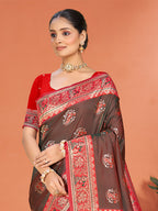 Sangam Prints Brown  Silk Woven Work Traditional Saree | Grocsy