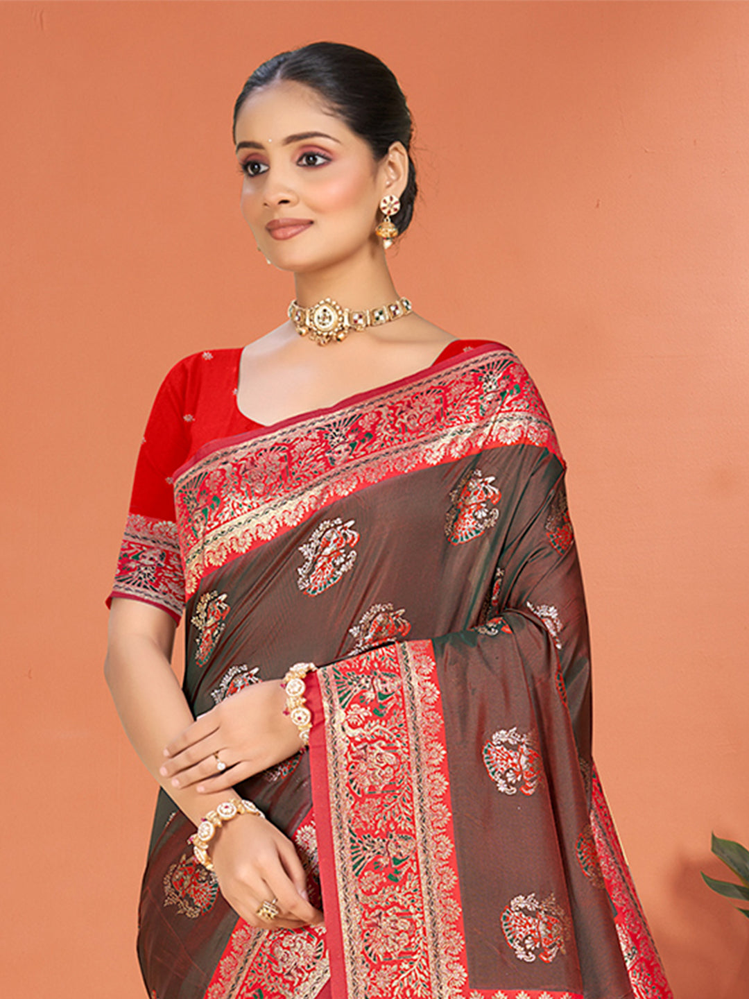 Sangam Prints Brown  Silk Woven Work Traditional Saree | Grocsy