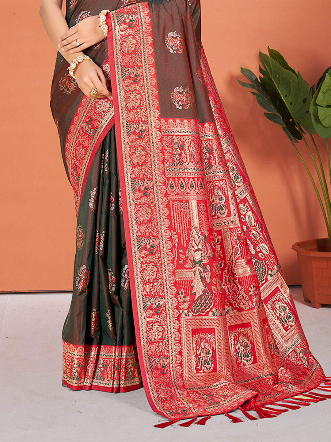 Sangam Prints Brown  Silk Woven Work Traditional Saree | Grocsy