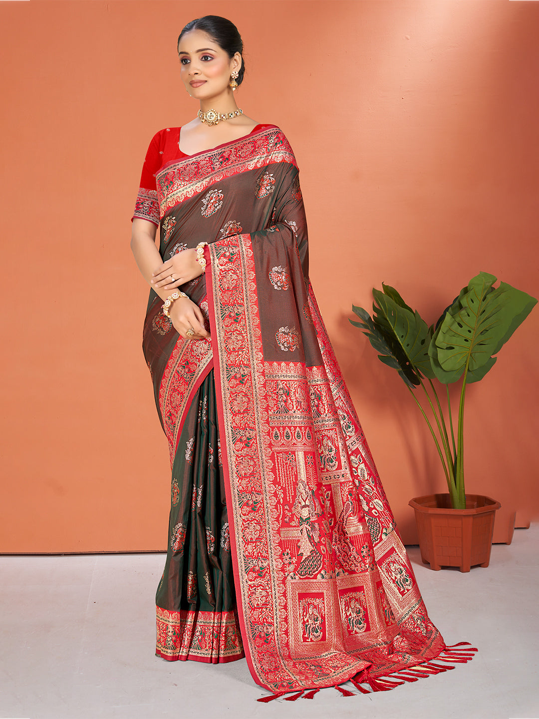 Sangam Prints Brown  Silk Woven Work Traditional Saree | Grocsy