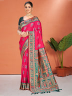 Sangam Prints Rani Pink Silk Woven Work Traditional Saree | Grocsy
