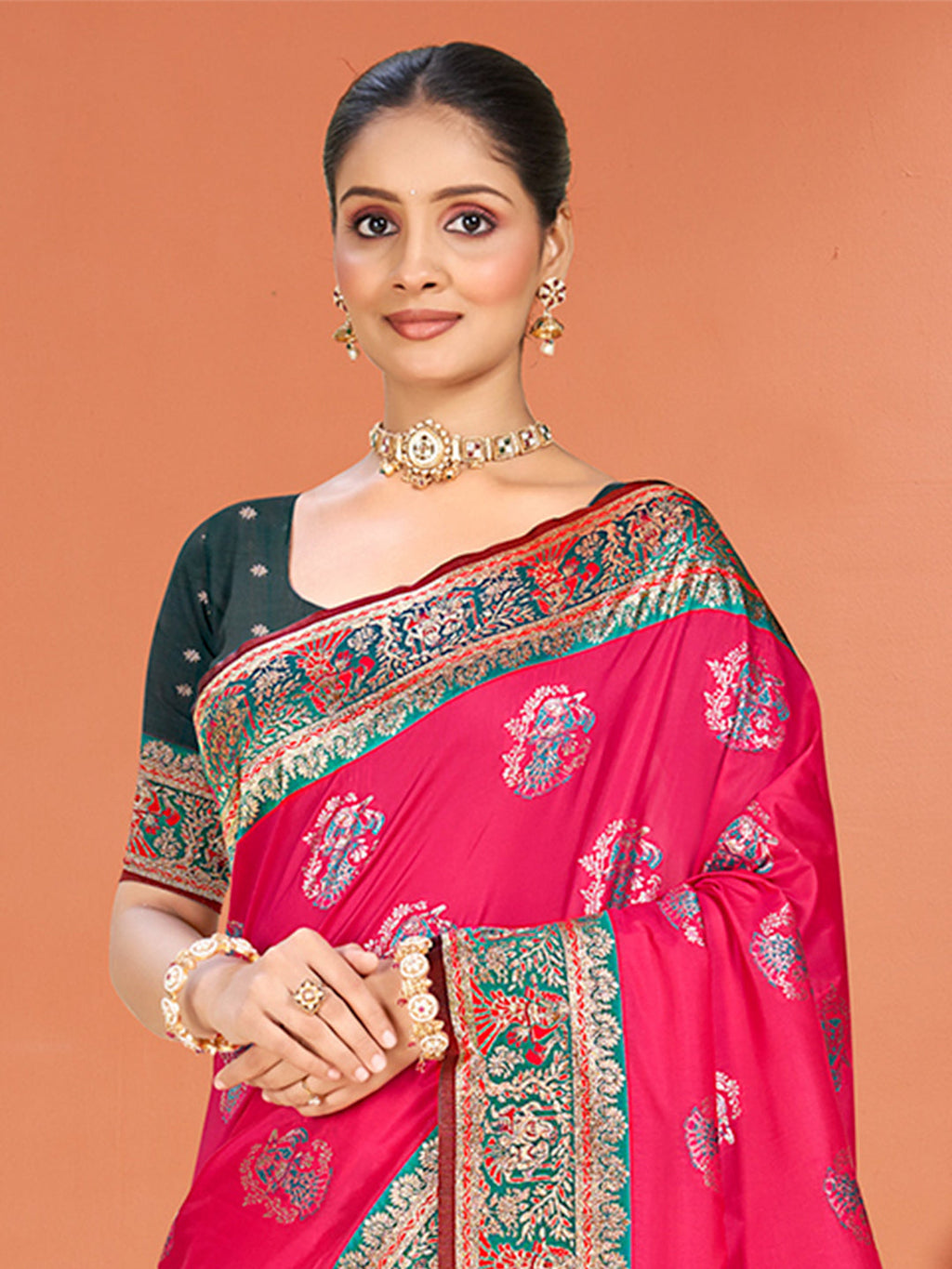 Sangam Prints Rani Pink Silk Woven Work Traditional Saree | Grocsy