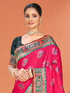 Sangam Prints Rani Pink Silk Woven Work Traditional Saree | Grocsy