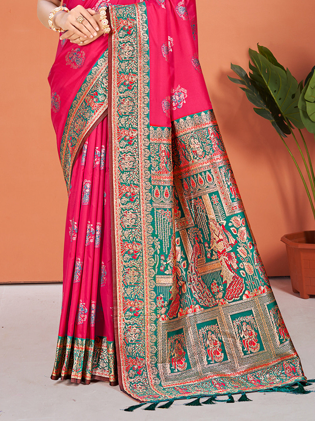 Sangam Prints Rani Pink Silk Woven Work Traditional Saree | Grocsy