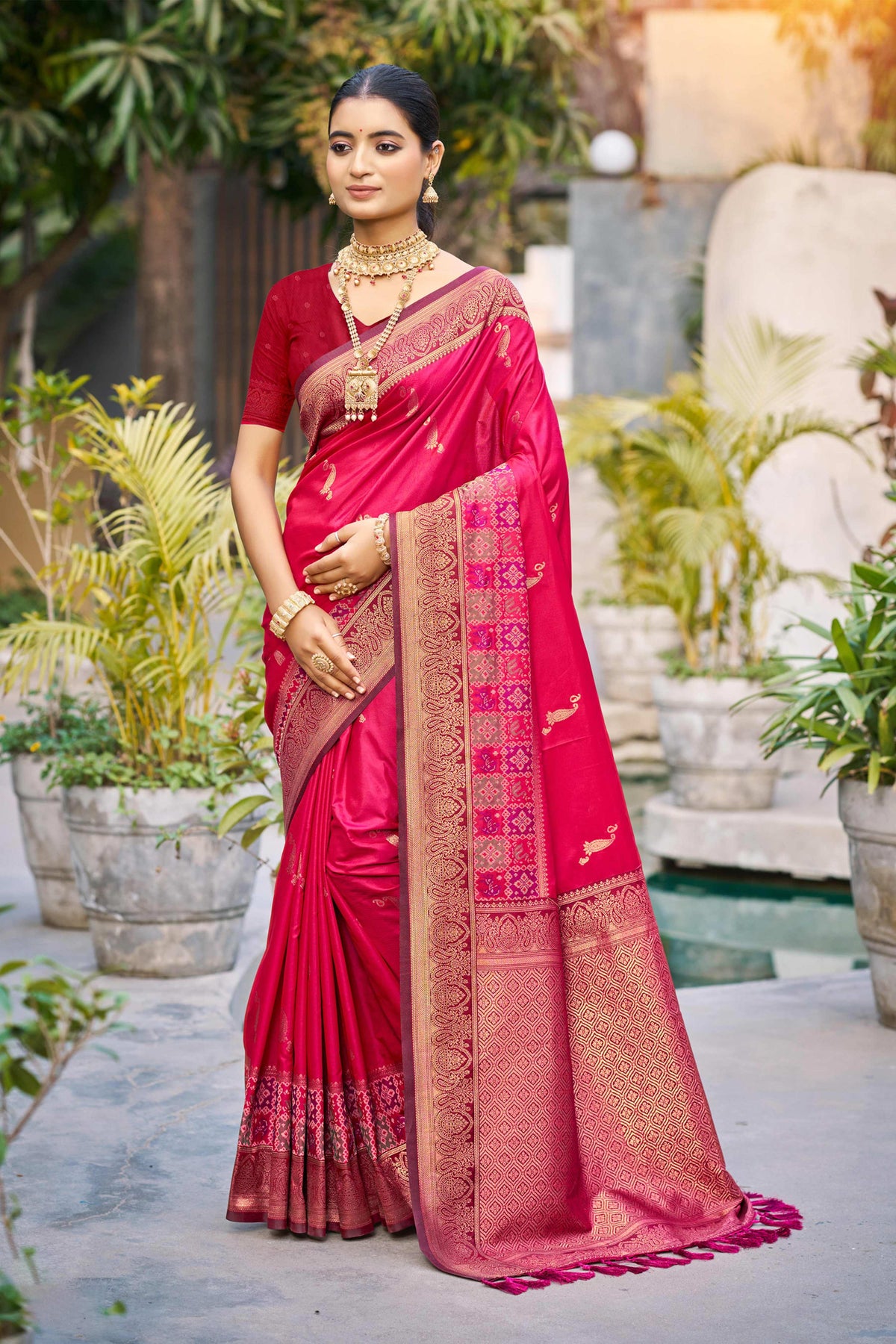 Sangam Prints Rani Pink Soft Silk Woven Work Traditional Saree | Grocsy