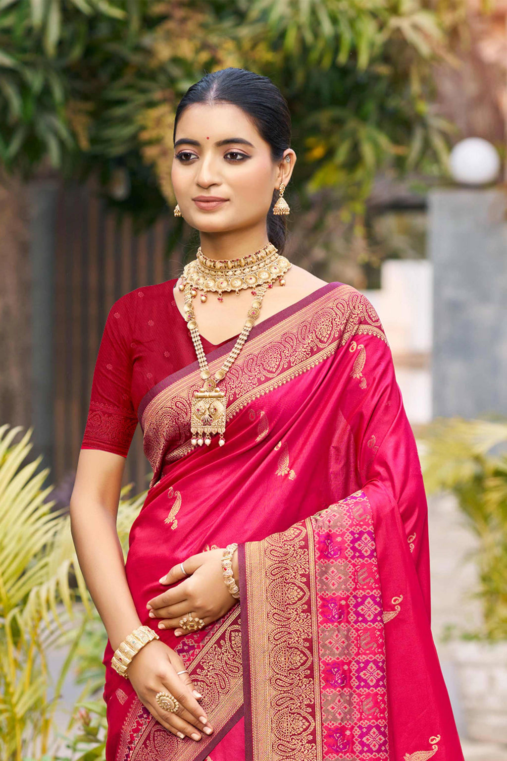 Sangam Prints Rani Pink Soft Silk Woven Work Traditional Saree | Grocsy