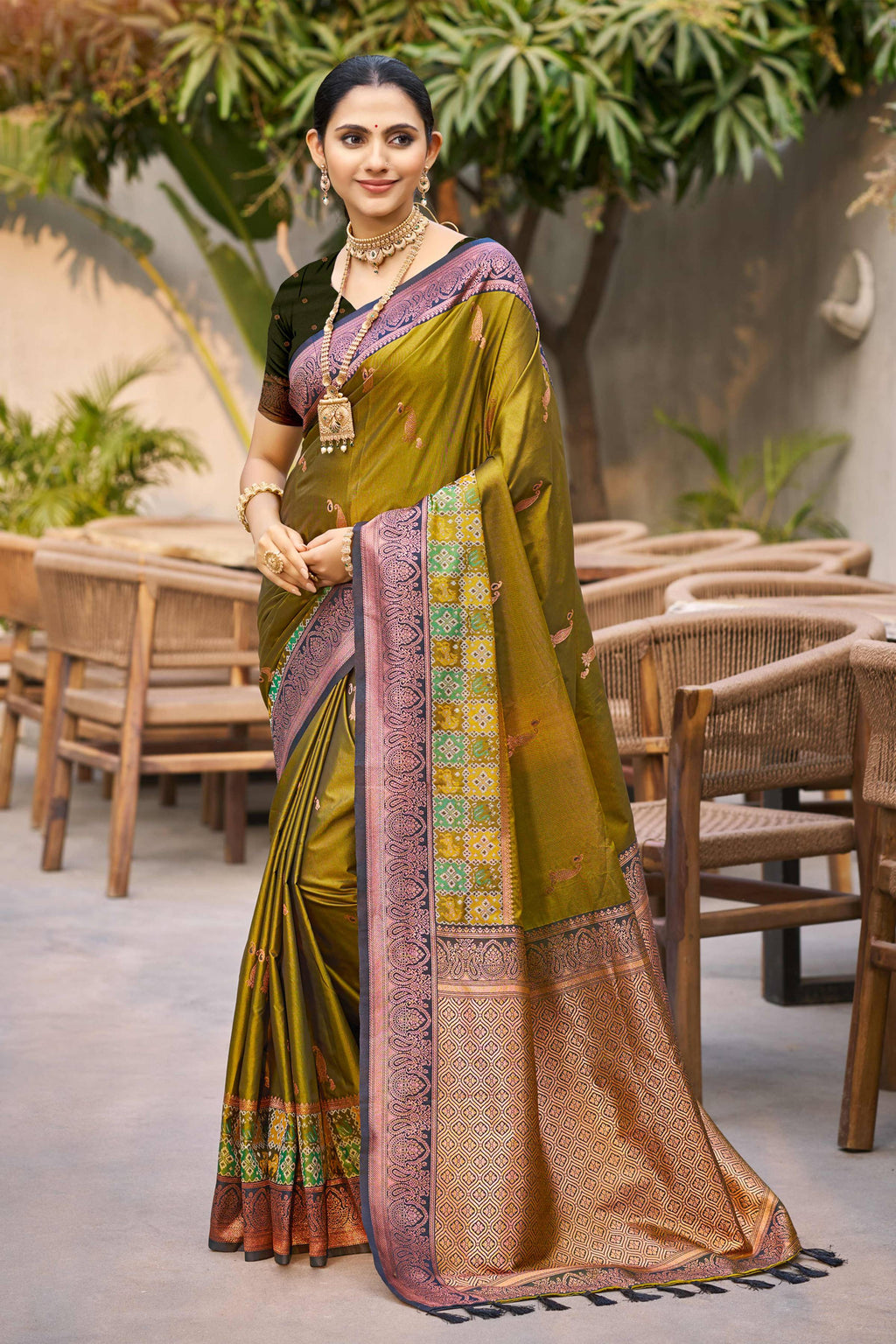 Sangam Prints Olive Green Soft Silk Woven Work Traditional Saree | Grocsy