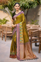 Sangam Prints Olive Green Soft Silk Woven Work Traditional Saree | Grocsy