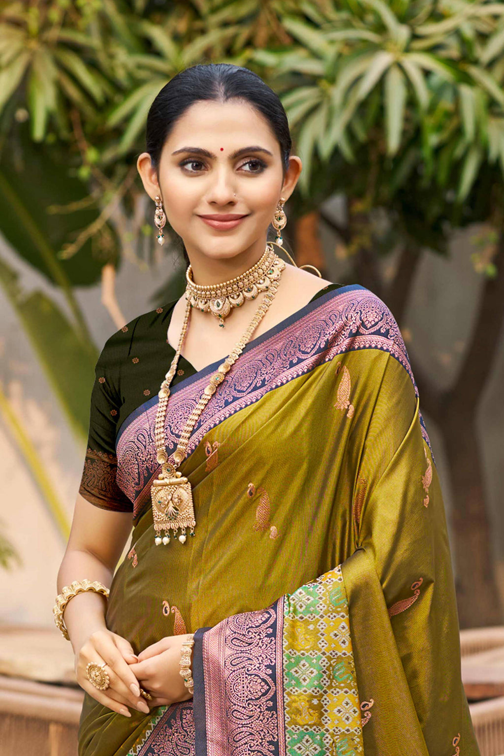 Sangam Prints Olive Green Soft Silk Woven Work Traditional Saree | Grocsy