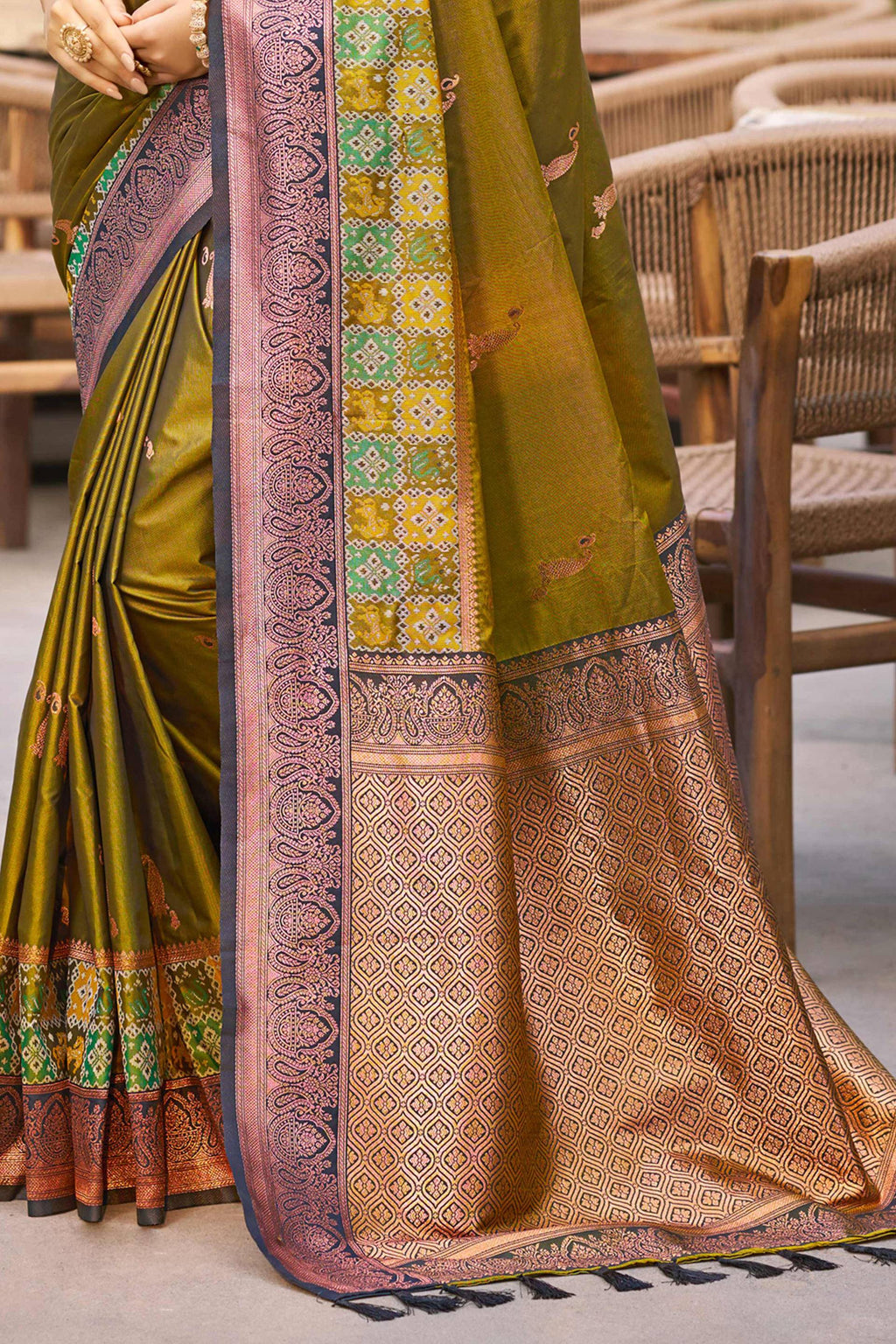 Sangam Prints Olive Green Soft Silk Woven Work Traditional Saree | Grocsy