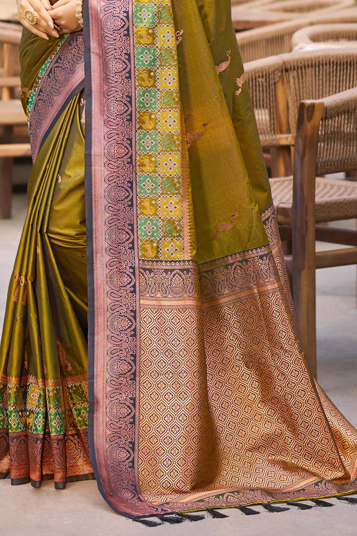 Sangam Prints Olive Green Soft Silk Woven Work Traditional Saree | Grocsy