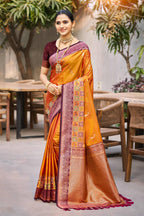 Sangam Prints Mustard Orange Soft Silk Woven Work Traditional Saree | Grocsy