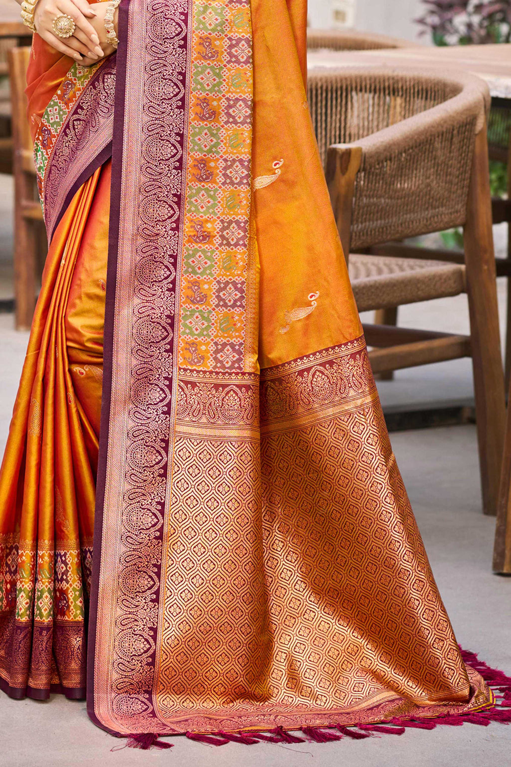 Sangam Prints Mustard Orange Soft Silk Woven Work Traditional Saree | Grocsy