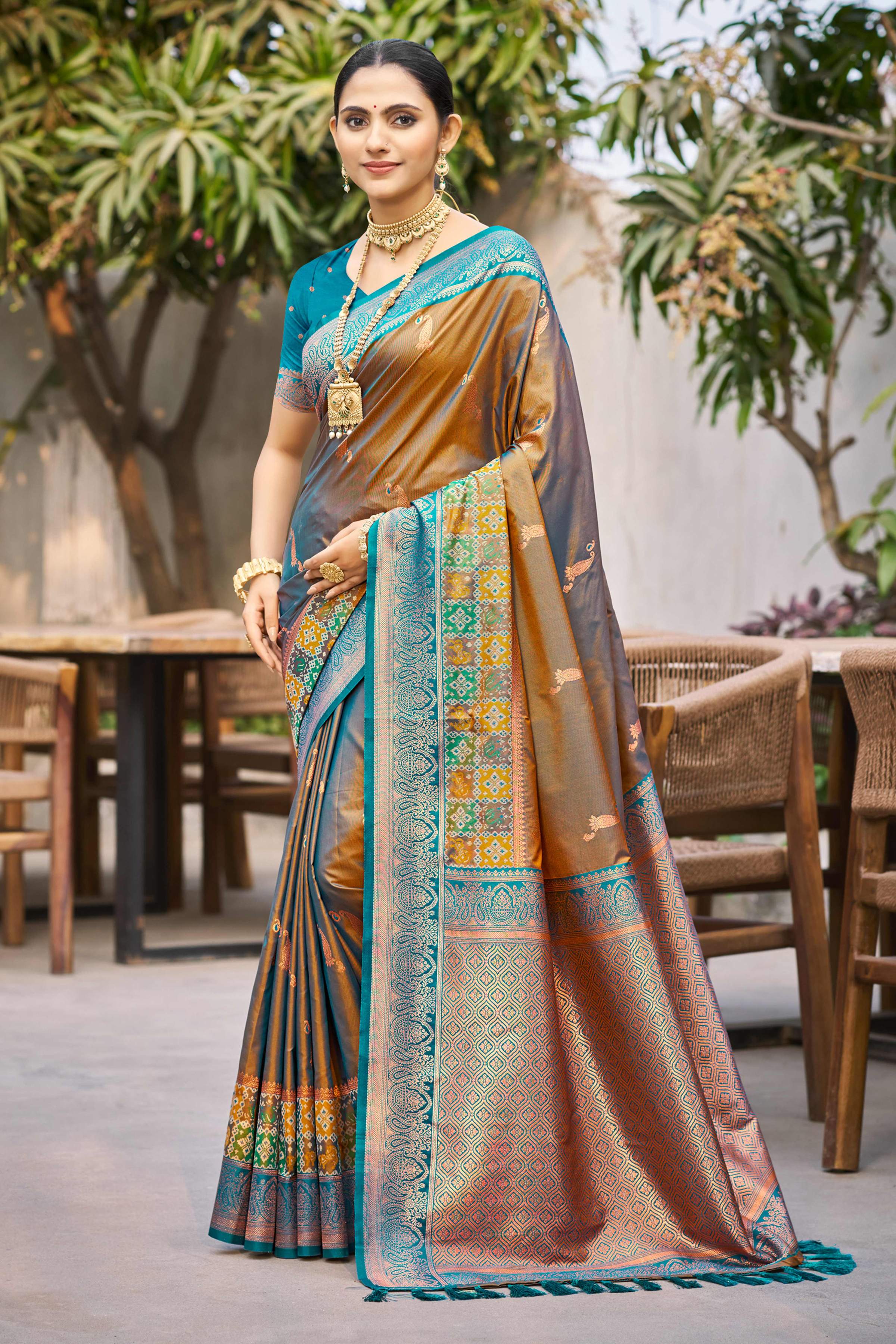 Sangam Prints Copper Brown Soft Silk Woven Work Traditional Saree | Grocsy
