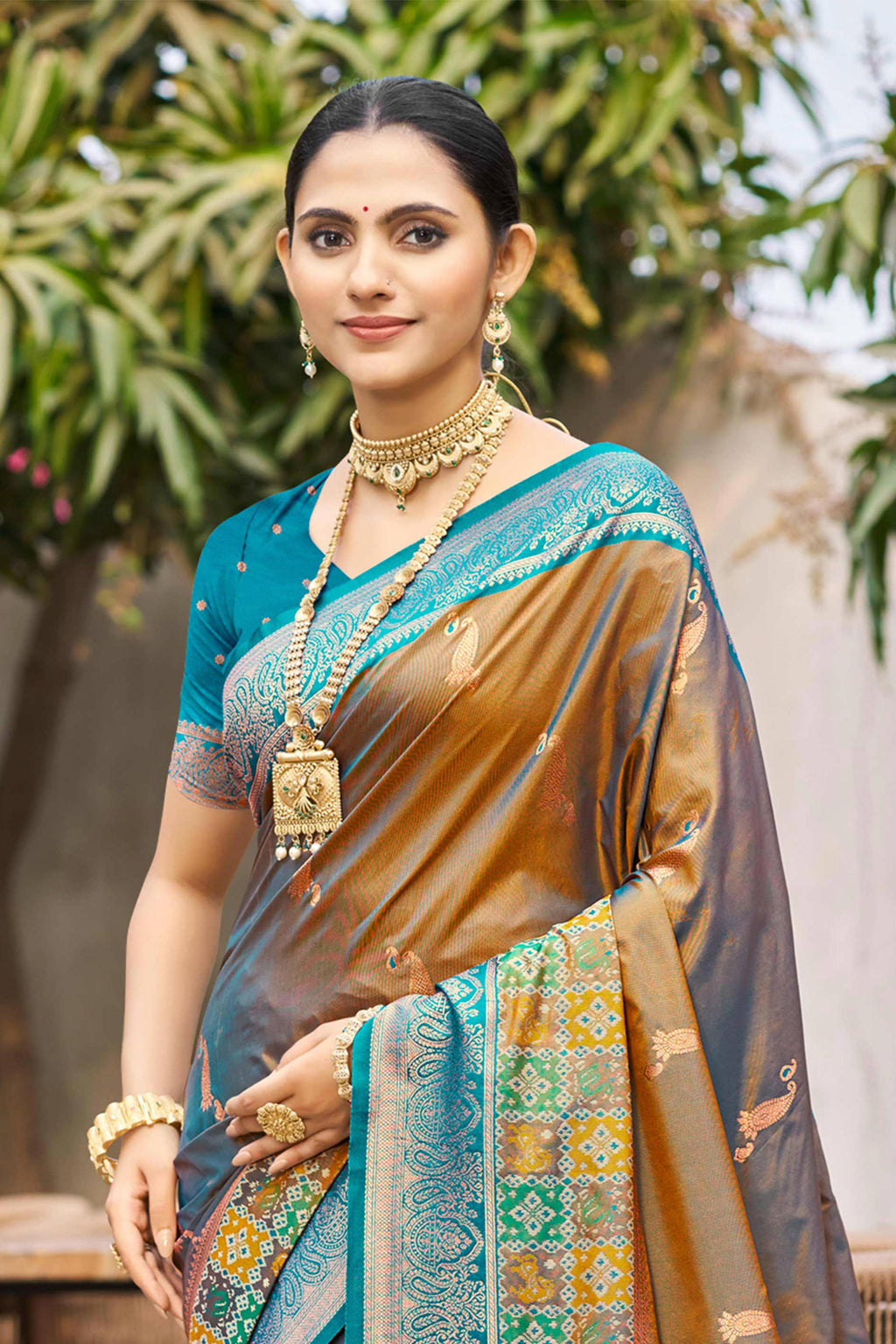 Sangam Prints Copper Brown Soft Silk Woven Work Traditional Saree | Grocsy