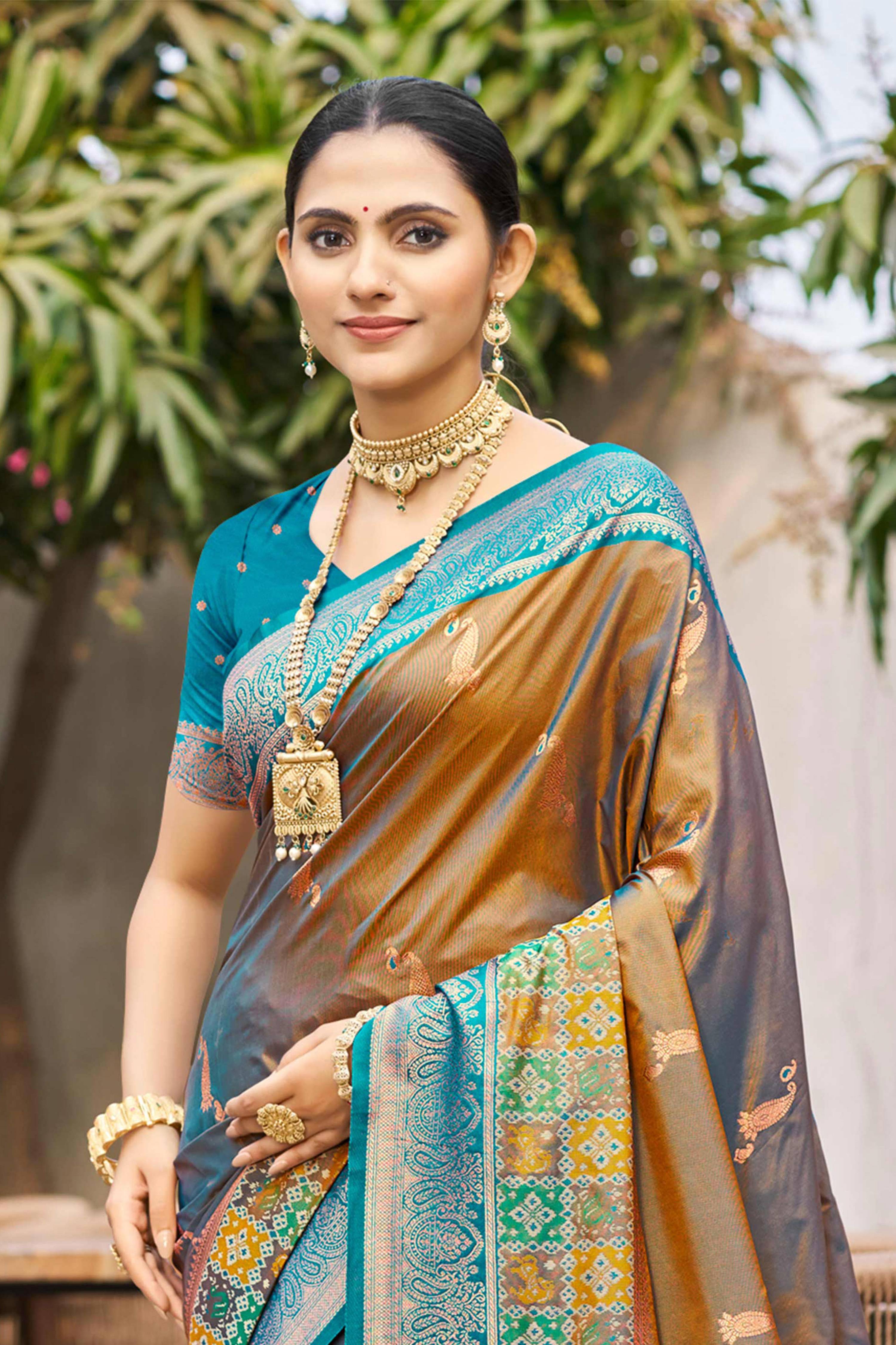 Sangam Prints Copper Brown Soft Silk Woven Work Traditional Saree | Grocsy