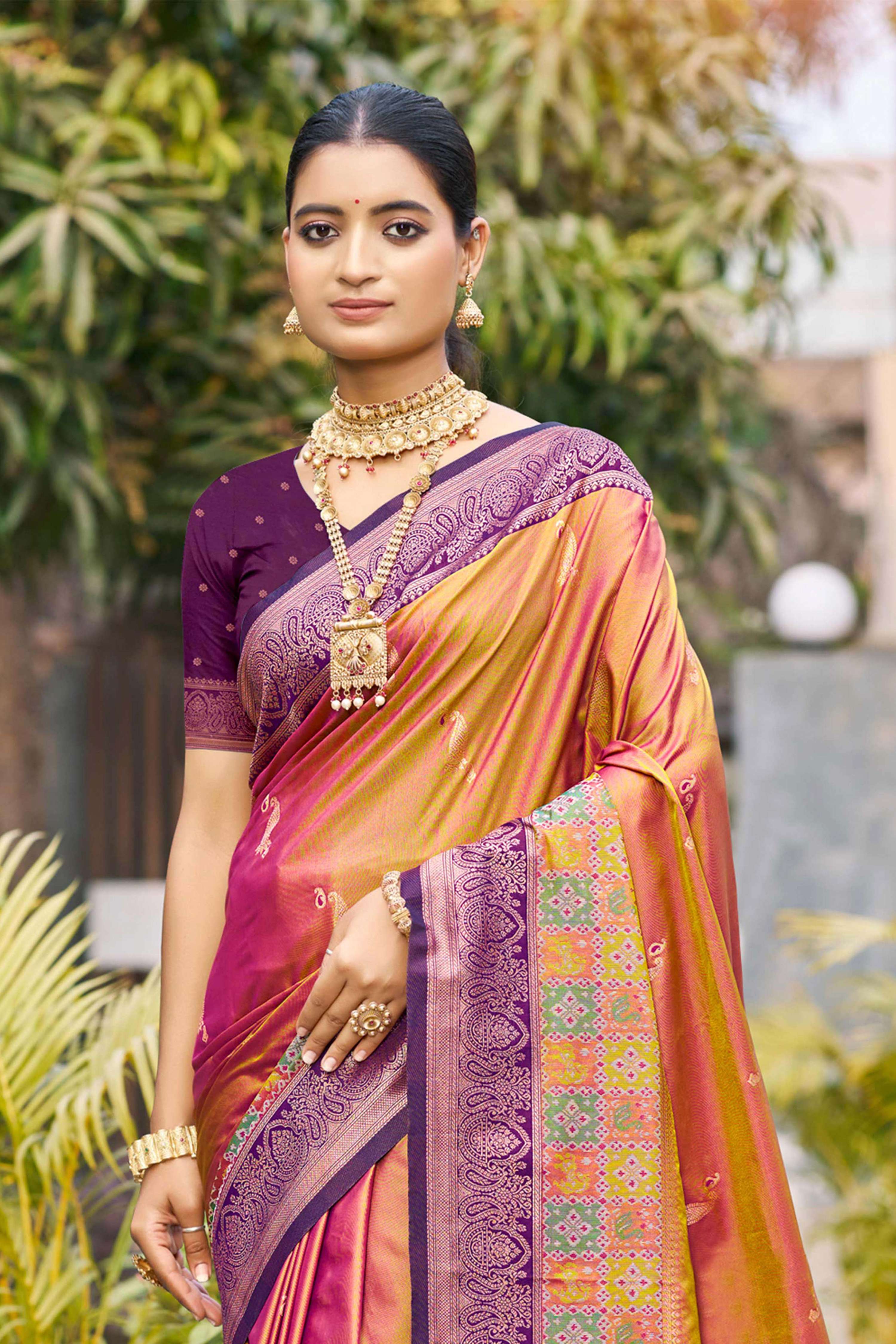 Sangam Prints Magenta Pink Soft Silk Woven Work Traditional Saree | Grocsy