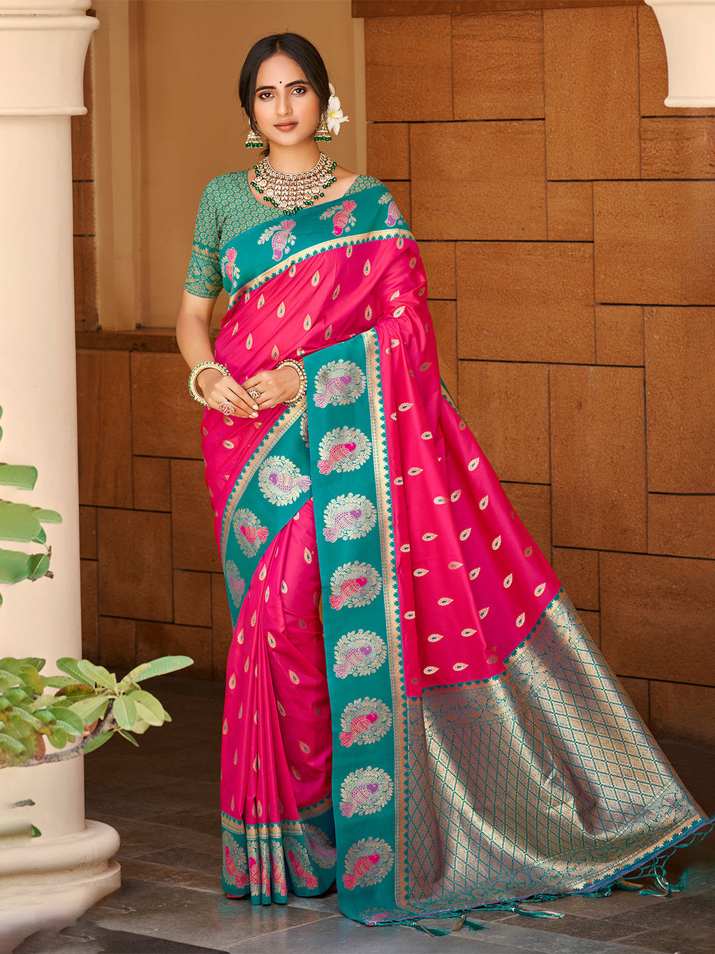 Sangam Prints Dark Pink Silk Woven Work Traditional Saree | Grocsy