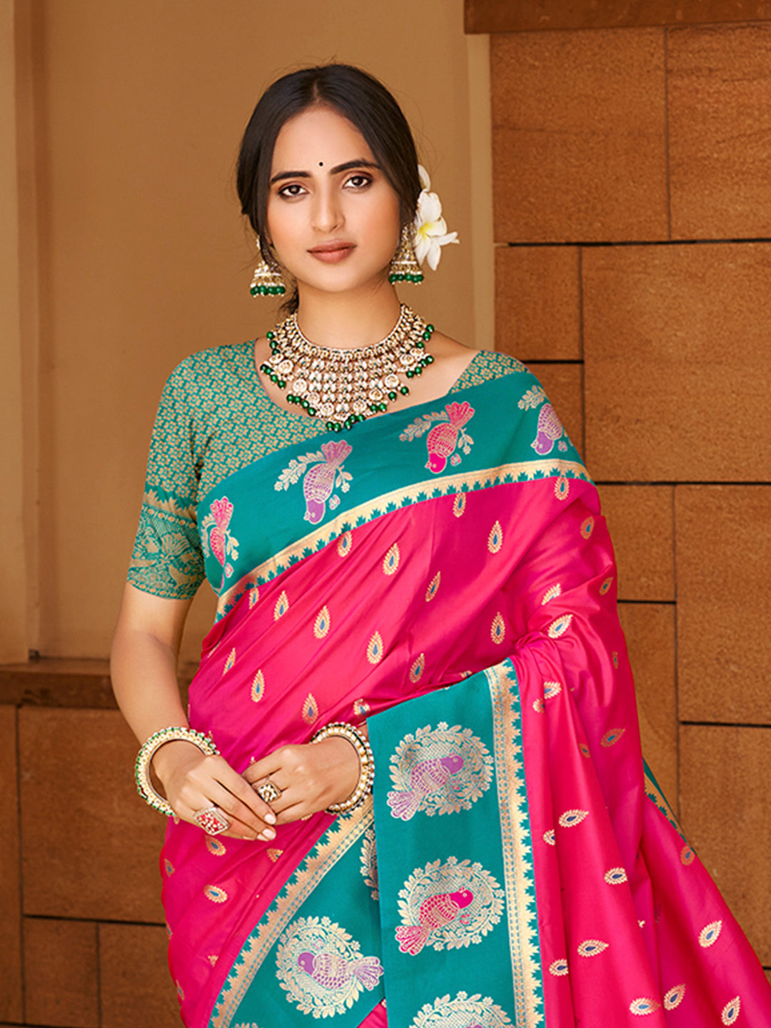 Sangam Prints Dark Pink Silk Woven Work Traditional Saree | Grocsy