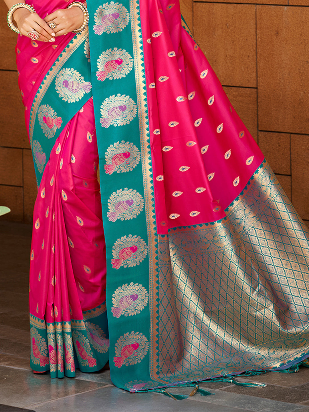 Sangam Prints Dark Pink Silk Woven Work Traditional Saree | Grocsy