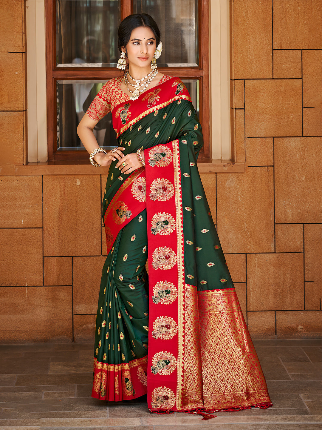 Sangam Prints Dark Green  Silk Woven Work Traditional Saree | Grocsy