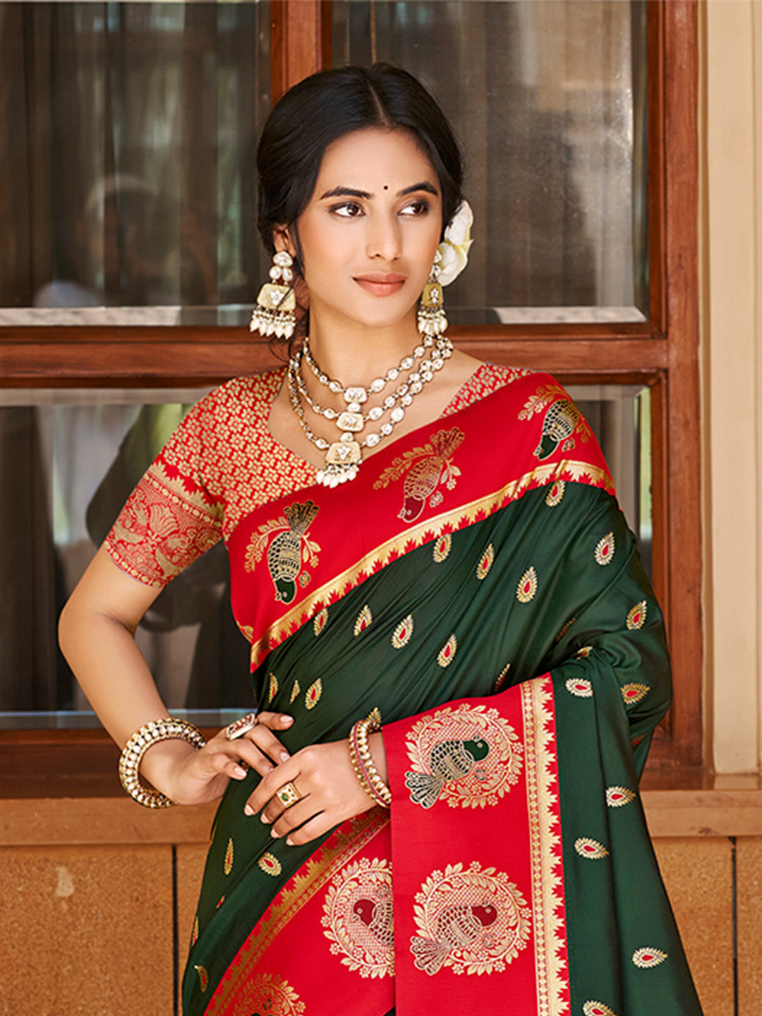 Sangam Prints Dark Green  Silk Woven Work Traditional Saree | Grocsy