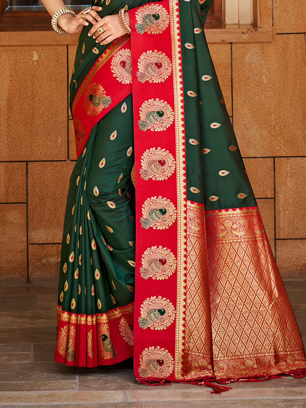 Sangam Prints Dark Green  Silk Woven Work Traditional Saree | Grocsy