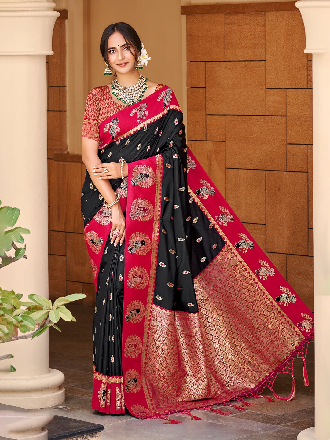 Sangam Prints Black Silk Woven Work Traditional Saree | Grocsy