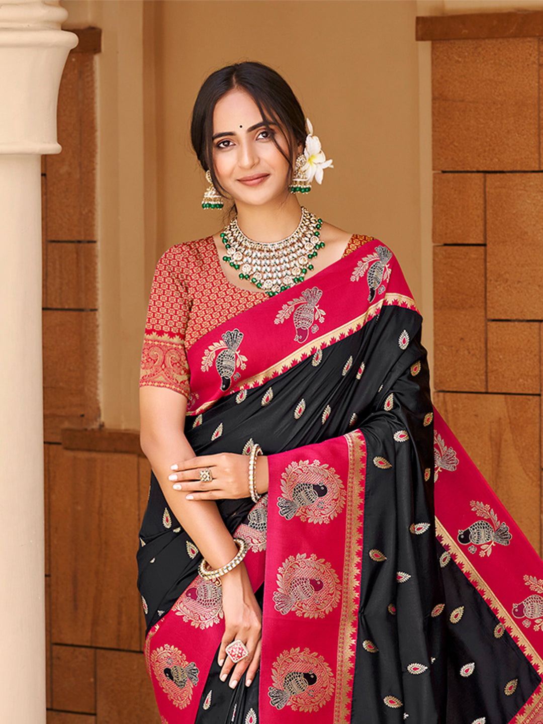 Sangam Prints Black Silk Woven Work Traditional Saree | Grocsy