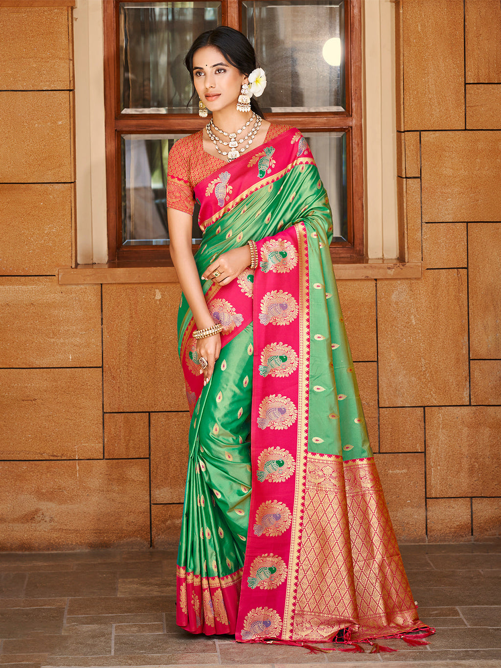 Sangam Prints Green Silk Woven Work Traditional Saree | Grocsy