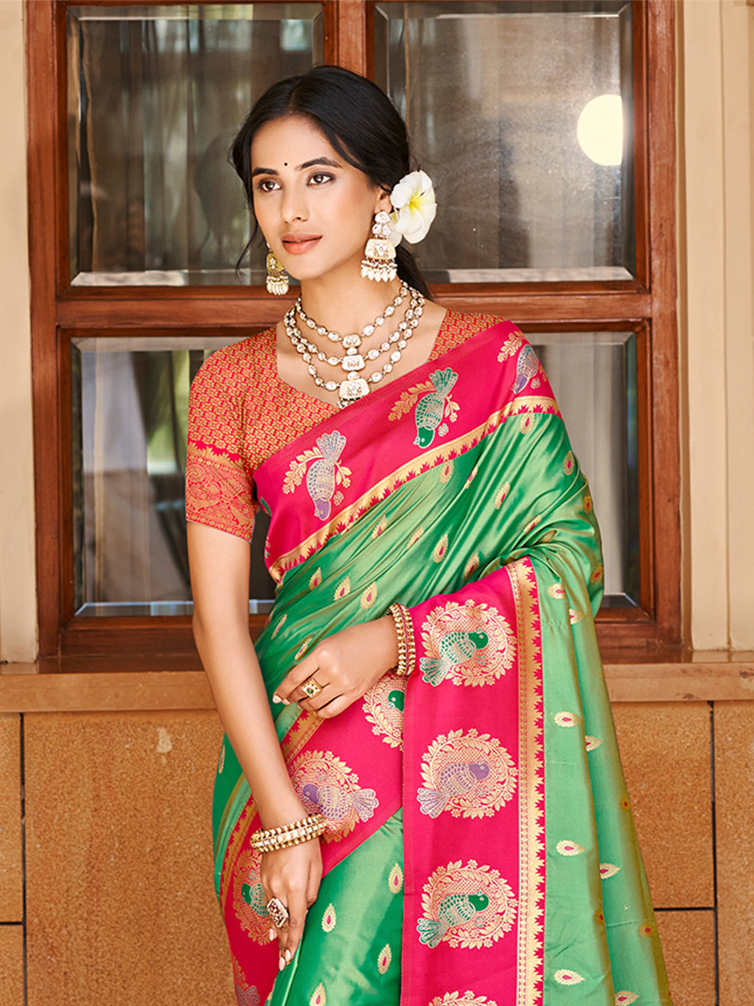 Sangam Prints Green Silk Woven Work Traditional Saree | Grocsy