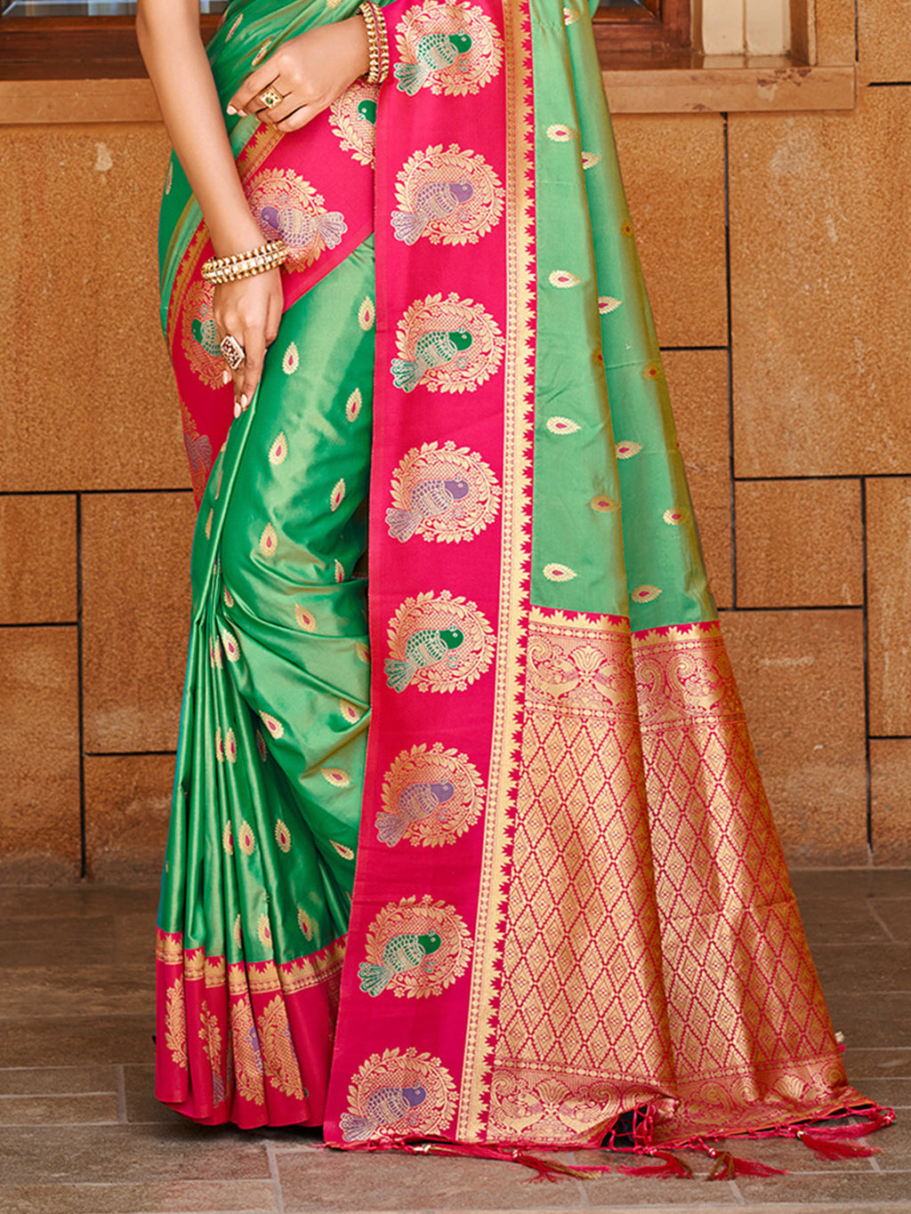 Sangam Prints Green Silk Woven Work Traditional Saree | Grocsy