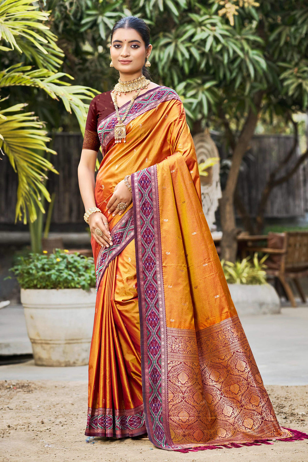 Sangam Prints Rust Orange Soft Silk Woven Work Traditional Saree | Grocsy