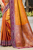 Sangam Prints Rust Orange Soft Silk Woven Work Traditional Saree | Grocsy