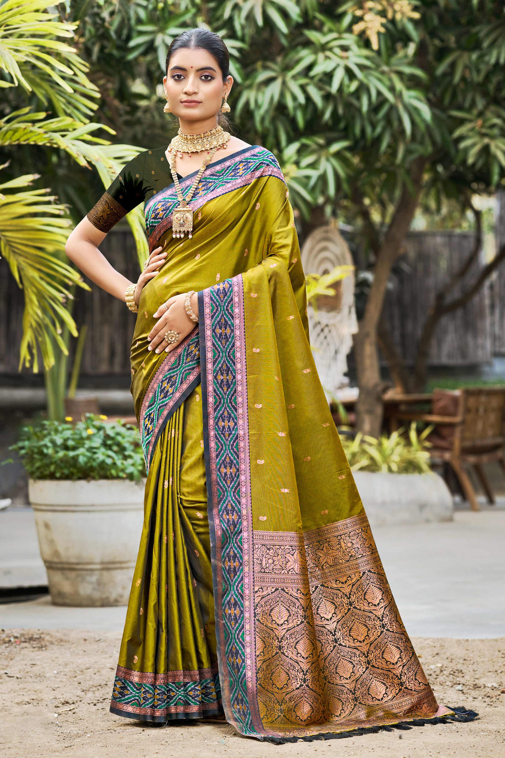 Sangam Prints Olive Green Soft Silk Woven Work Traditional Saree | Grocsy