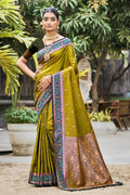 Sangam Prints Olive Green Soft Silk Woven Work Traditional Saree | Grocsy