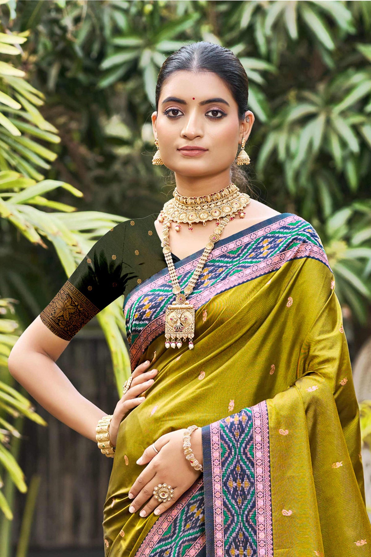 Sangam Prints Olive Green Soft Silk Woven Work Traditional Saree | Grocsy