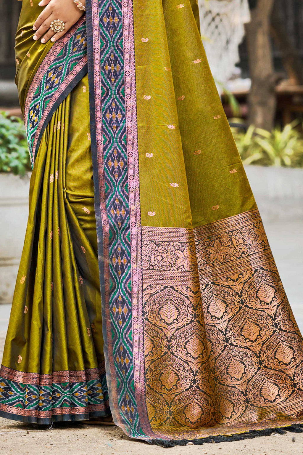 Sangam Prints Olive Green Soft Silk Woven Work Traditional Saree | Grocsy