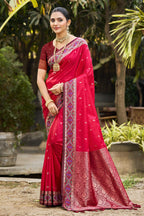 Sangam Prints Ruby Pink Soft Silk Woven Work Traditional Saree | Grocsy