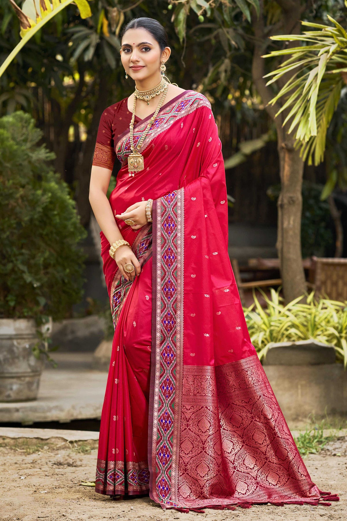 Sangam Prints Ruby Pink Soft Silk Woven Work Traditional Saree | Grocsy