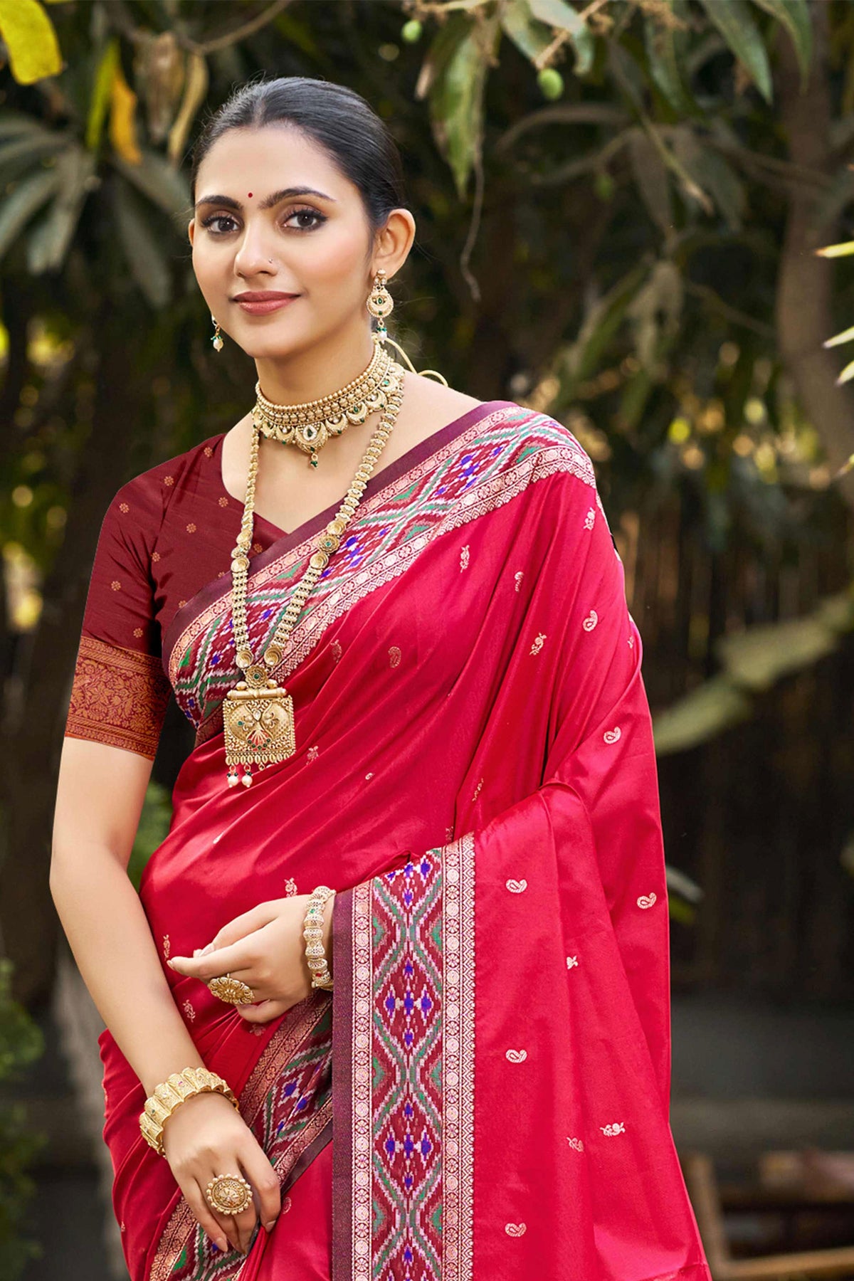 Sangam Prints Ruby Pink Soft Silk Woven Work Traditional Saree | Grocsy