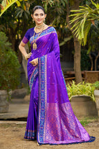 Sangam Prints Violet Soft Silk Woven Work Traditional Saree | Grocsy