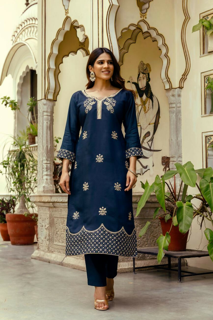 The52 Navy Blue Women's Beautiful Viscose Chanderi Fabric Thread Work Straight Kurta Pant and Dupatta Set | Grocsy
