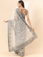 Grey Organza Floral Embroidered Saree with Unstitched Blouse Piece - Roozal | Grocsy