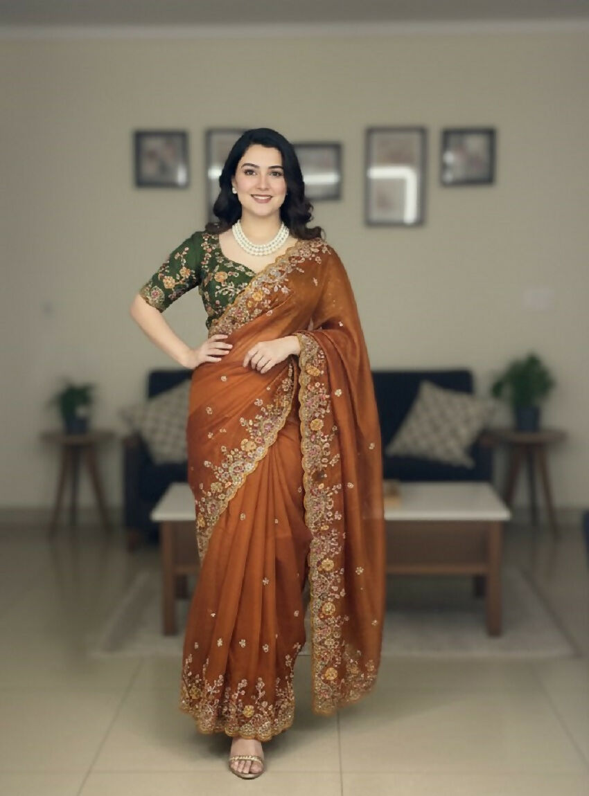 Teeya Creation New Trendy Stylish Party Wear Silk Saree-Orange | Grocsy