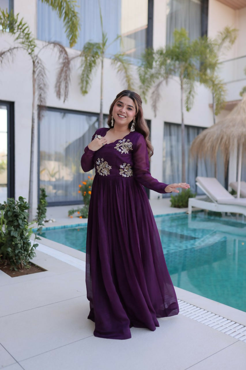 Teeya Creation Womens New Trending Silver Crunchy With Beads Embroidery-Work Gown Set | Grocsy