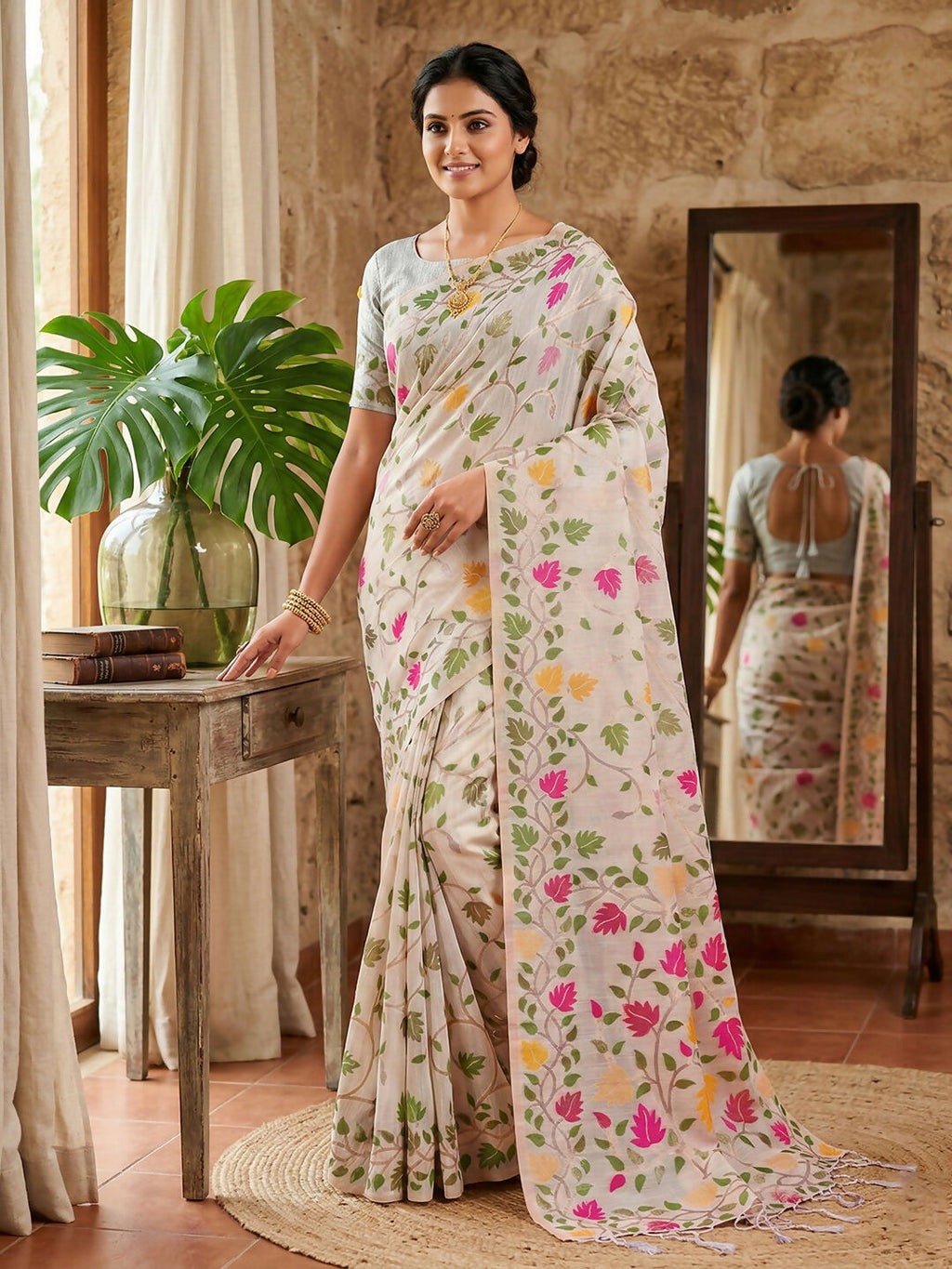Shree Shyam Fashion White Linen Cotton Saree | Grocsy