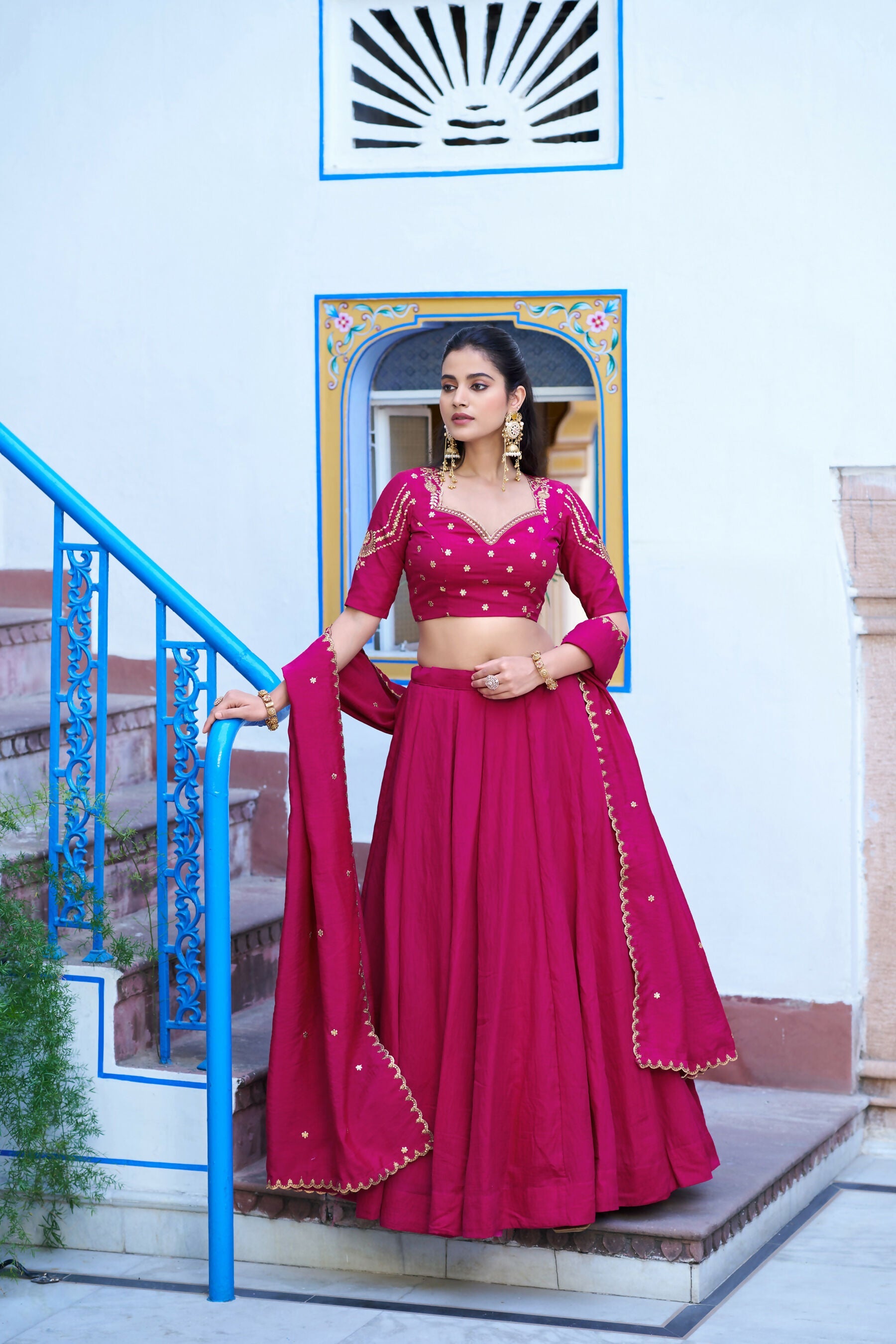 Lorenvalley Fashion Ranipink NC Silk Plain Lehenga Embroidery Work Choli with Dupatta | Grocsy
