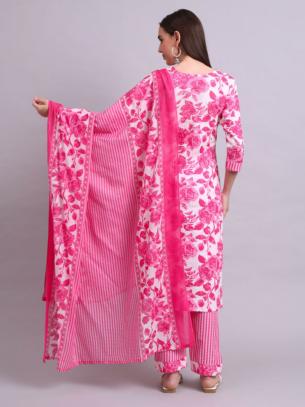 Joban Fashion Pink Cotton Floral Printed & Embroidery Work Kurta With Trousers & Dupatta Set | Grocsy