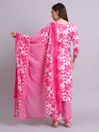 Joban Fashion Pink Cotton Floral Printed & Embroidery Work Kurta With Trousers & Dupatta Set | Grocsy